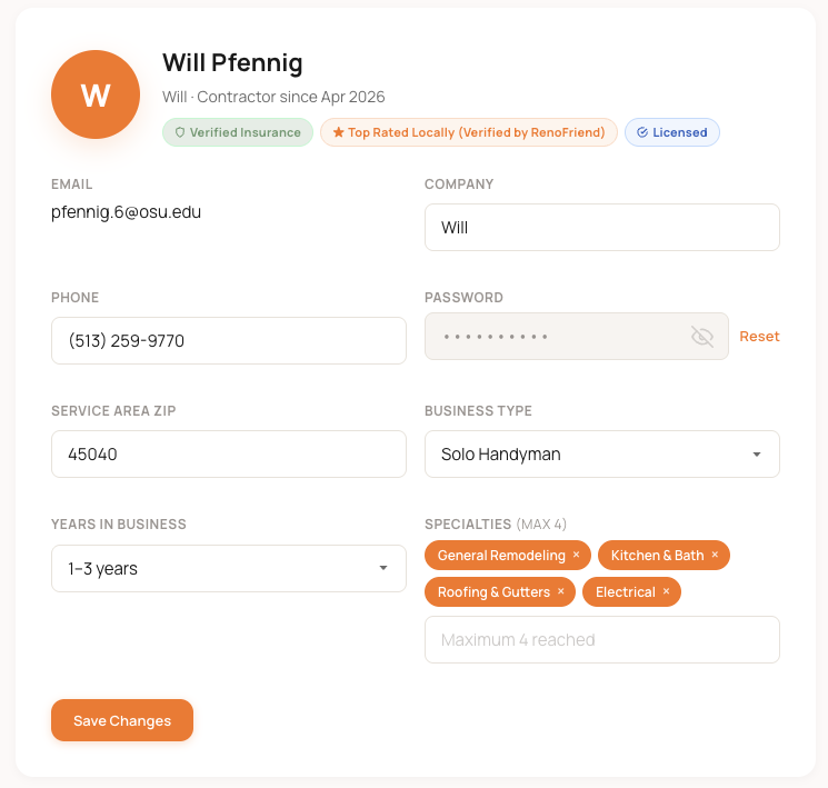 Contractor profile card with trade, photos, and rating