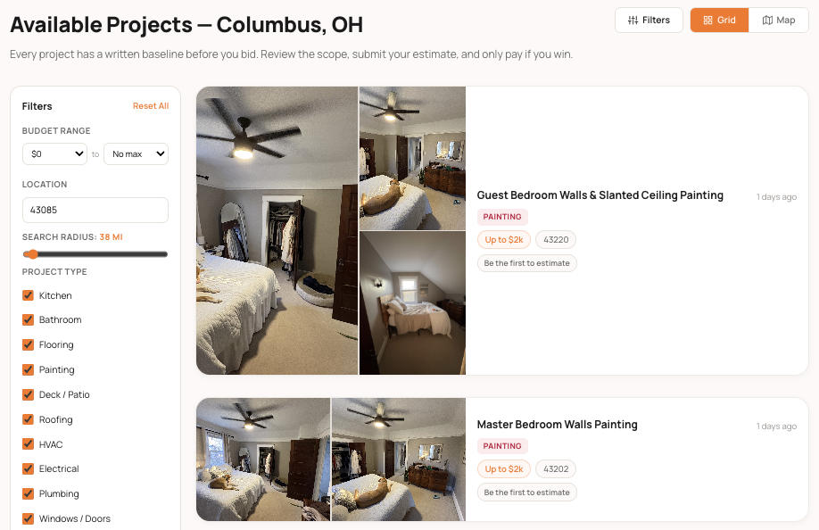 Available Projects feed for Columbus, OH