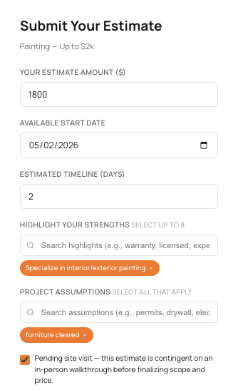 Submit Estimate card with timeline, ballpark, and specialties