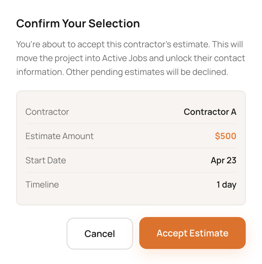 Confirm Your Selection modal — homeowner picking winning contractor