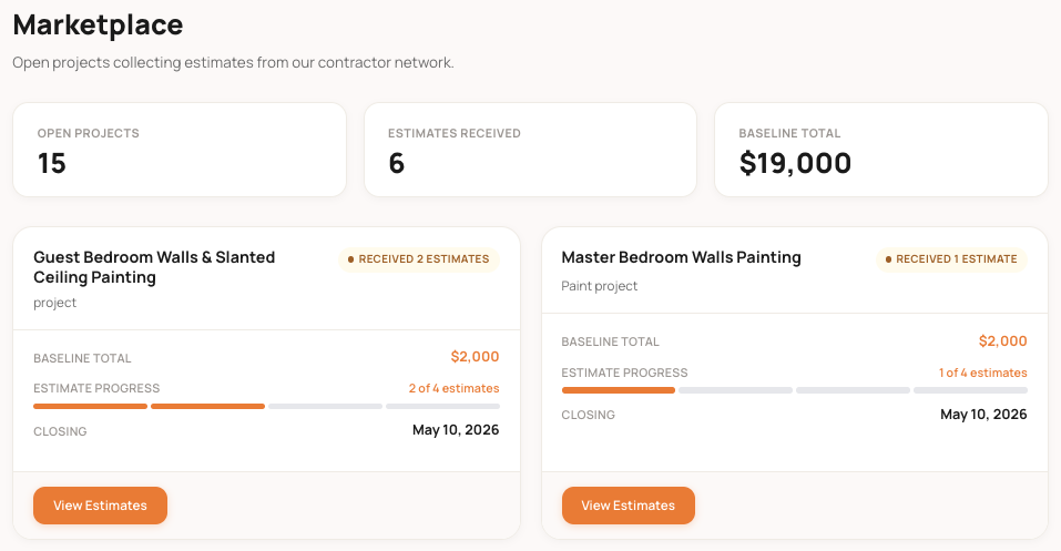 Marketplace view with open projects and contractor estimates