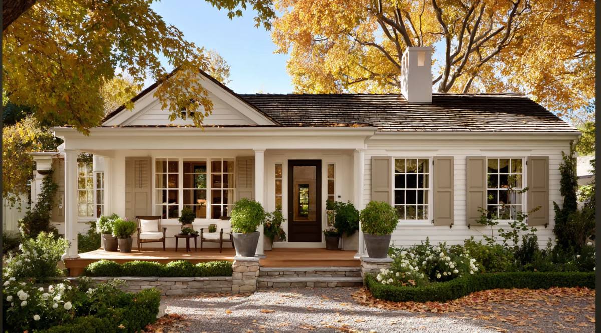 Renovated white cottage with front porch and autumn trees